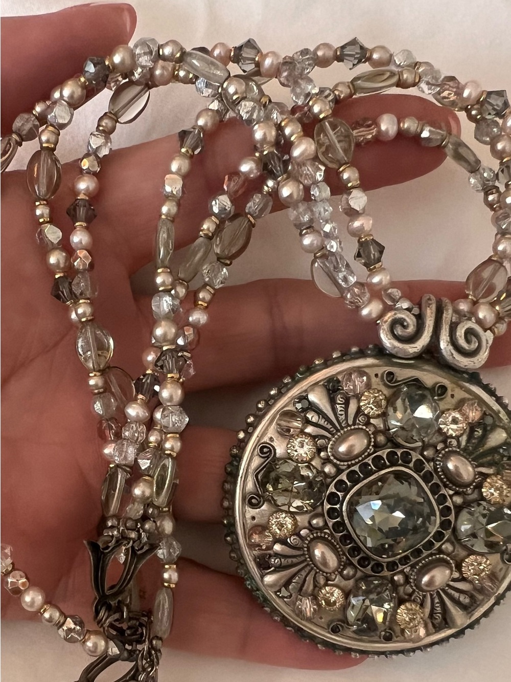 Elegant Multistrand Pendant Necklace - Silver & Blush Pearls
